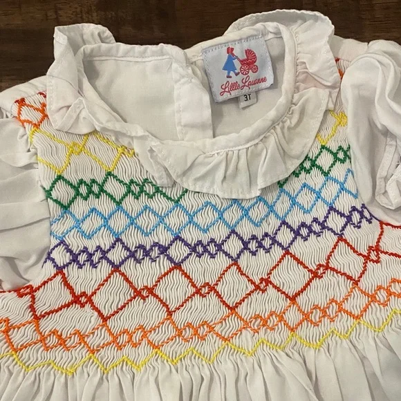 Little Louanne White Smocked Dress with Rainbow Smocking Size 3T - Picture 2 of 5